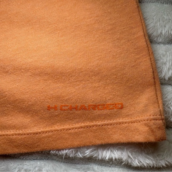 4/25$ Under Armour Relaxed Racerback Tank Top Orange With Blue Logo Small - Picture 5 of 8